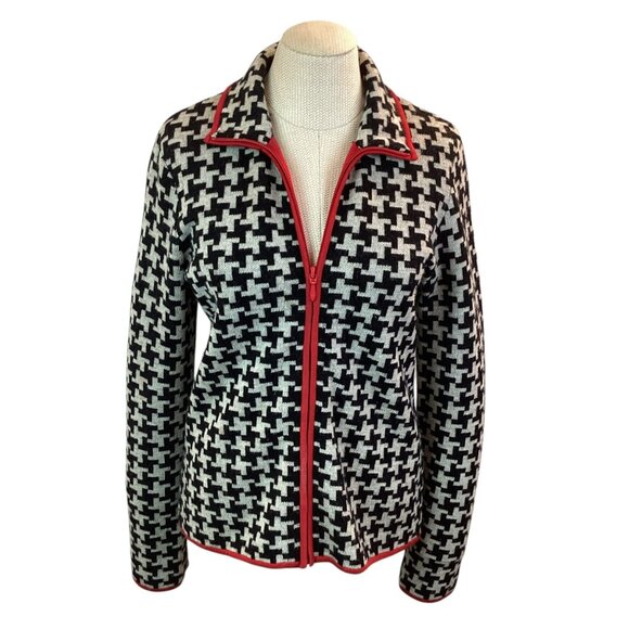 Juliana Collezione Womens Medium Houndstooth Wool Full Zip Cardigan Jacket Black - Picture 3 of 10